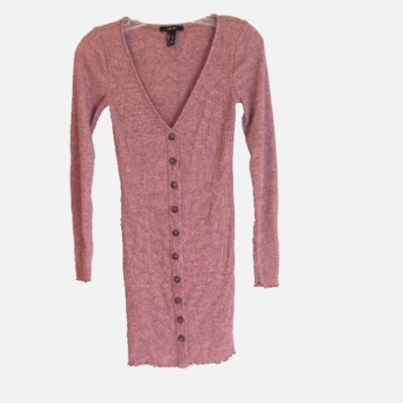Forever 21 Pink Ribbed Bodycon Sweater Dress Small V-Neck Pullover Stretch - Picture 2 of 7